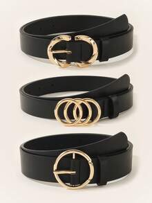 3件套女士简约时尚百搭腰带套装，经典腰带，适合搭配连衣裙和上衣，黑色腰带配有三环、双环和单环金属扣，优雅纯色腰带 - 彩色 - 查看 1