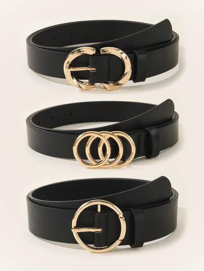 Set de 3 cinturones de mujer de moda minimalista y versátil, cinturón clásico adecuado para vestidos y blusas, cinturón negro con hebilla de metal de triple anillo, doble anillo y anillo sencillo, cinturón de unicolor elegante