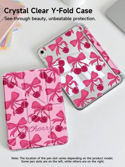 Funda protectora de cristal acrílico con lazo de rosa y cereza de doble cara, compatible con iPad de 10.ª generación, iPad 10.2/iPad Mini 6/iPad Mini 7/9.7", Galaxy Tab A8 8.7", diseño plegable antidoblado 3+Y, compatible con Kindle Paperwhite de 12.ª generación (2024), esquinas reforzadas de silicona, función de activación/suspensión automática, gran regalo para días festivos