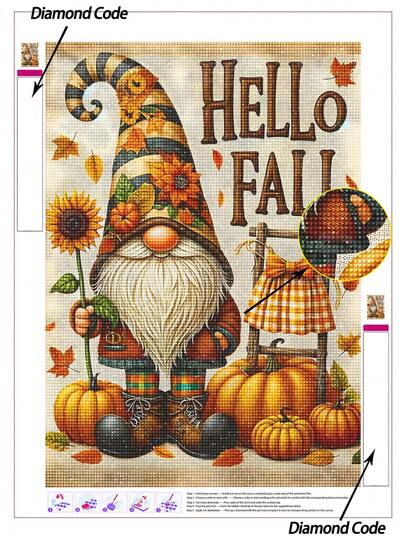 1 件 5D DIY 钻石画秋季小矮人与南瓜，Hello Fall 钻石刺绣，适合季节性家居墙面装饰，适合成人和初学者的休闲工艺钻石画套装