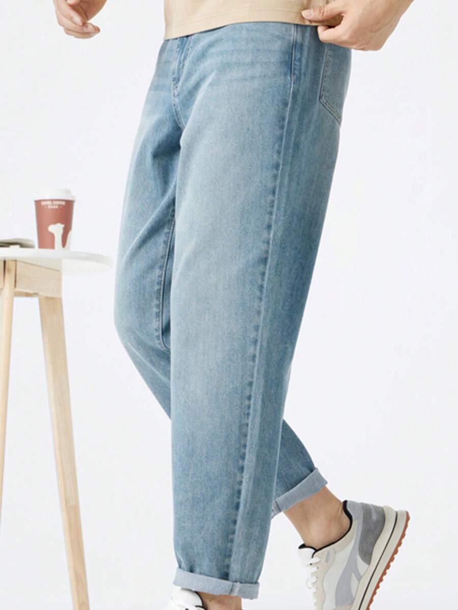 CAMEL CROWN Pantalones vaqueros entallados para hombres, nuevos para primavera y verano, lavados, de algodón retro y transpirables, de uso casual - Azul claro - Ver 1