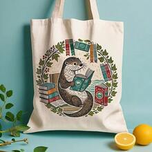 1pc Reading Books Canvas Tote Bag - Reusable Grocery Bags (13.8x15.8), Stylish & Durable Shopping Bag Daily Use, Commuting, School, High-Quality Material, Aesthetic Book Bag, Animal Lovers, Summer Reading Accessory, Lovers| Whimsical Design| Sturdy Handles, Reusable Grocery Bags