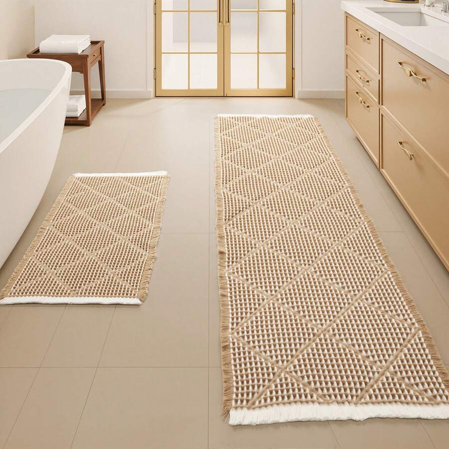 2pcs Diamond-Pattern Waffle Bath Mat, Non Slip Bathroom Mat Set, Ultra Absorbent Bath Mats, Extra Soft Floor Bathroom Rugs Sets, Washable Bath Rugs Set (20"*47" And 16"*24") - Màu Khaki - Xem 1