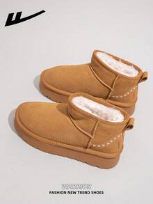 WARRIOR 1 Pair Women's Warm Thick Snow Boots, 2025 Autumn/Winter New Arrival, Tube Design, Thick Sole, Fashionable Short Tube Boots, Slip-On, Outdoor Winter Shoes - Camel 1863 - View 6