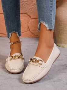 Beige Women's Slip-On Loafers With Gold Chain Decor, Comfortable Flat Classic Shoes For Autumn - Beige - View 6