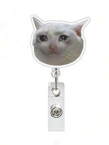 1pc Acrylic Retractable Cat Emoticon Badge Reel, Rotatable ID Card Holder Keychain Clip For Doctor/Nurse,School Supplies,Back To School