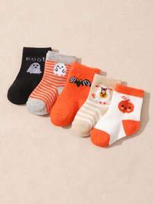 5 Pairs Baby Pumpkin & Bat Halloween Pattern Mid-Calf Socks, Holiday Gift Socks
