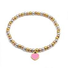 قطعة واحدة سوار معدني فاخر مطلي بالمينا على شكل قلب بسلسلة خرزة دائرية من الفولاذ المقاوم للصدأ قياس 4 مم كهدية مجوهرات للنساء