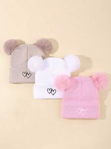 3 Pieces Combination Children's Solid Color Autumn And Winter Warm Knitted Hat With Heart-Shaped Embroidery Design, Suitable For Keeping Children Warm
