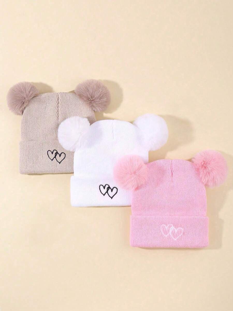 3 Pieces Combination Children's Solid Color Autumn And Winter Warm Knitted Hat With Heart-Shaped Embroidery Design, Suitable For Keeping Children Warm
