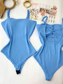 Women's Bodysuit With Braided Straps, Anarruga Fashion Blogger - 淺藍色 - 查看 1