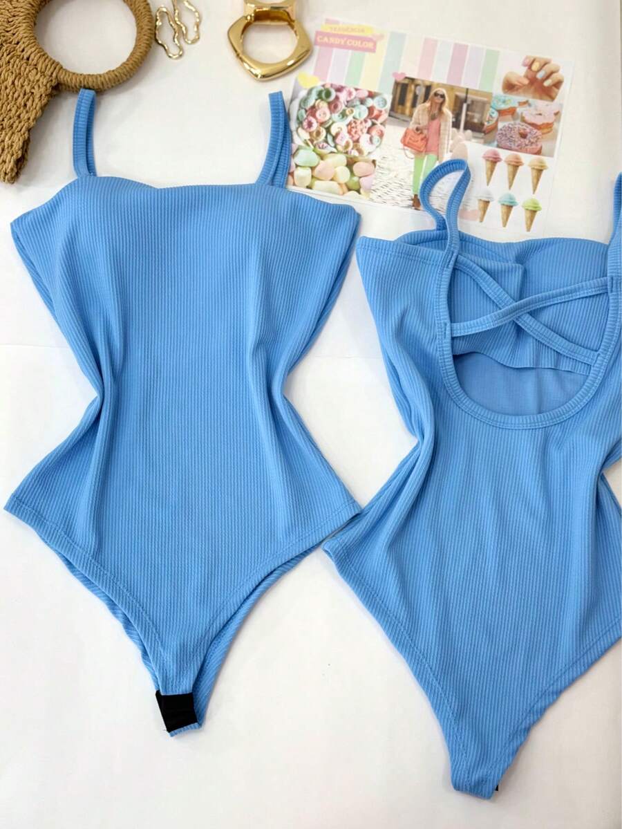 Women's Bodysuit With Braided Straps, Anarruga Fashion Blogger - 淺藍色 - 查看 1