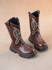 Autumn/Winter New Retro Embroidered Children High-Top Boots, Girls PU Kids Boots, Classic Zipper Boots, Fashionable Versatile Flat Boots Suitable For School