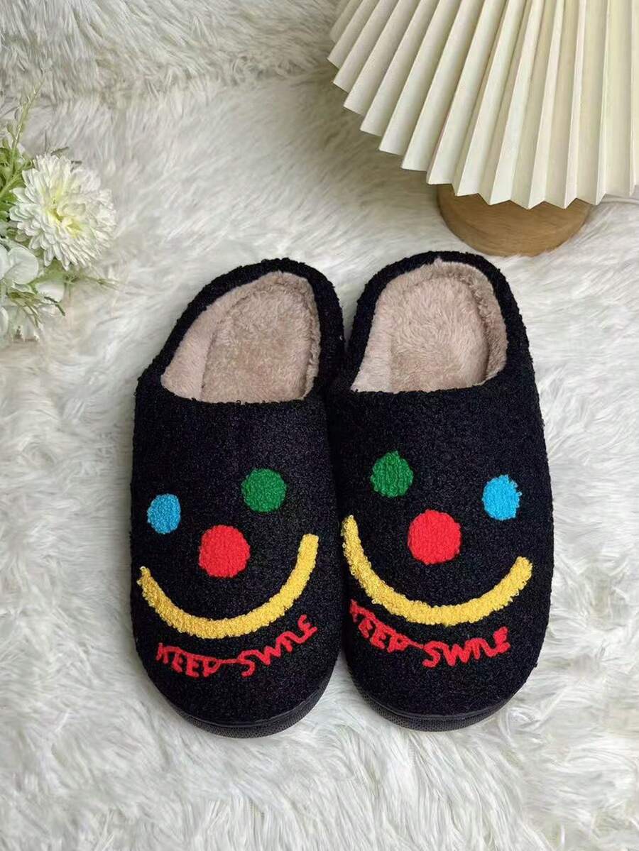 Papuci de pluș brodați cu față zâmbitoare și litere pentru femei, stil drăguț și plin de viață, ținute casual și de toamnă/iarnă pentru casă, papuci de pluș cu vârful deschis, antiderapanți, îngroșați, de iarnă, papuci de pluș unisex, care pot fi purtați în aer liber - Negru - Vizualizare 1
