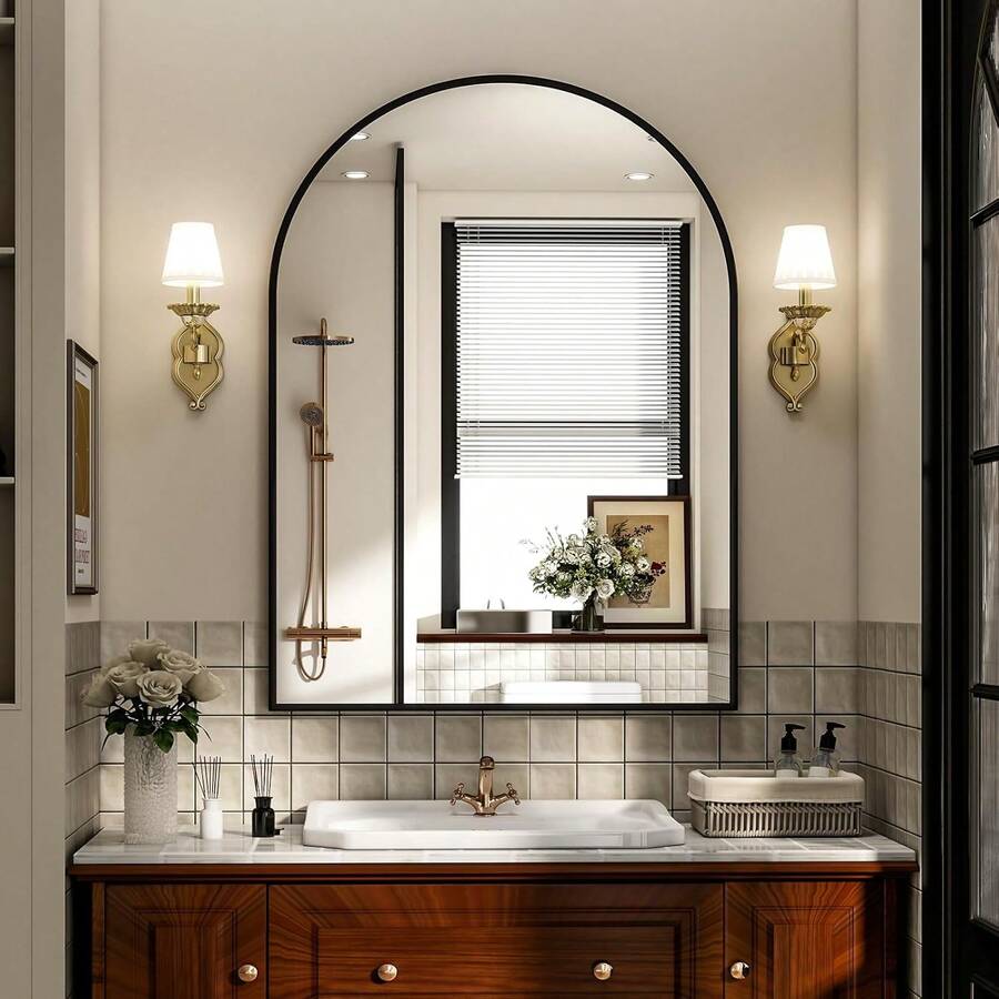 Arched Wall Mirror 30x20 Inch - Rust-Proof Metal Frame, Anti-Fog & Shatterproof For Bathroom Vanity, Bedroom, Entryway(Modern Luxury Gold/Black) - màu đen - Xem 1