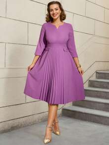 AOMEI 女式休闲春秋季褶皱中长连衣裙长款泡泡袖 V 领荷叶边飘逸口袋连衣裙 - 紫色 - 查看 3