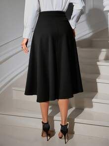 Office Black Midi Skirt - Workleisure High Waist With Bow Accent & Flowy Silhouette, Women's Versatile Textured A-Line Skirt For Fall Commute & Date Nights - 黑色 - 查看 3