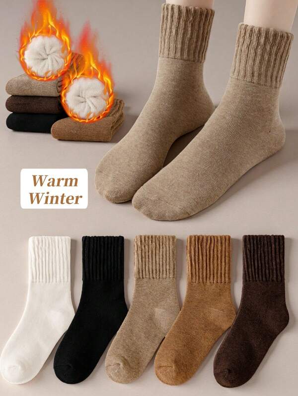 1/3/5 Pairs Women's Thick Warm Socks, Solid Color Loose Slouchy Socks, Fleece Lined Thermal Socks For Autumn/Winter, Soft & Comfortable, Suitable For Daily Wear In Below 5°C