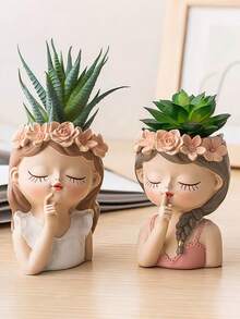 1个女性肖像花盆，可爱脸型多肉植物盆栽，4款闭眼女孩造型花盆，北欧风多肉仙人掌花瓶，桌面书法笔装饰，家居装饰花瓶 - 彩色 - 查看 1