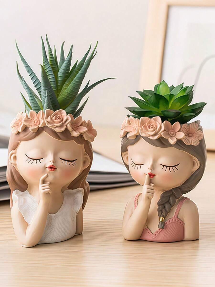1个女性肖像花盆，可爱脸型多肉植物盆栽，4款闭眼女孩造型花盆，北欧风多肉仙人掌花瓶，桌面书法笔装饰，家居装饰花瓶 - 彩色 - 查看 1