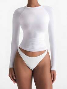 XLLAIS Fall Winter Outfits 2025 Solid Small Neck Basic Casual Raglan Long Sleeve T Shirt Sport Knit Women White Tops - White - View 5