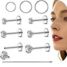 Bộ 10 khuyên tai phẳng 16G, khuyên mũi ren trong, khuyên mũi CZ, khuyên môi phẫu thuật, khuyên vành tai, khuyên mũi, khuyên sụn, khuyên tai xoắn ốc - Xỏ khuyên mặt - Xem 2