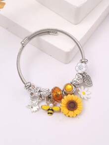 1 pieza Pulsera elegante y femenina con encanto de girasol y abeja con rhinestones - Acero inoxidable, adecuada para fiestas, bailes y decoraciones casuales