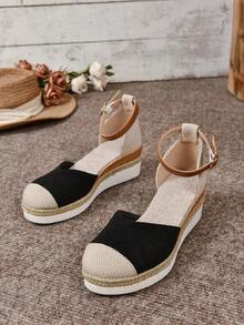 Sandalias Mujer de Cuña en Lona - Punta Cerrada Estilo Hada, Hebilla Tejida de Cáñamo, Suela Gruesa Antideslizante - Negro - Ver 2