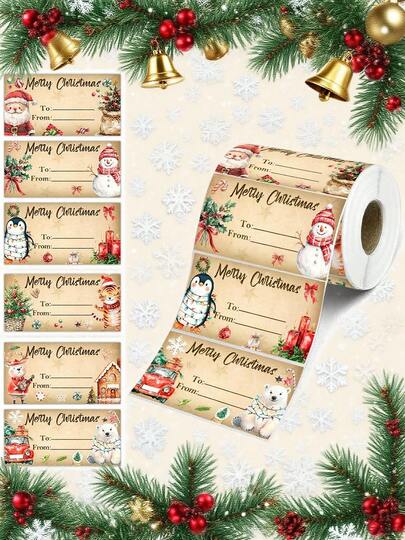 180pcs/Roll Christmas Gift Tags Self Adhesive Vintage Christmas Name Labels With Penguin, Santa Claus, And Snowman Pattern For Christmas Gifts Wrapping Festival Birthday Holiday Decor, Christmas Supplies.
