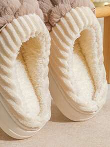 冬季保暖室内家居拖鞋，防滑毛绒情侣拖鞋，毛绒鞋，蓬松拖鞋 - 咖色 - 查看 2