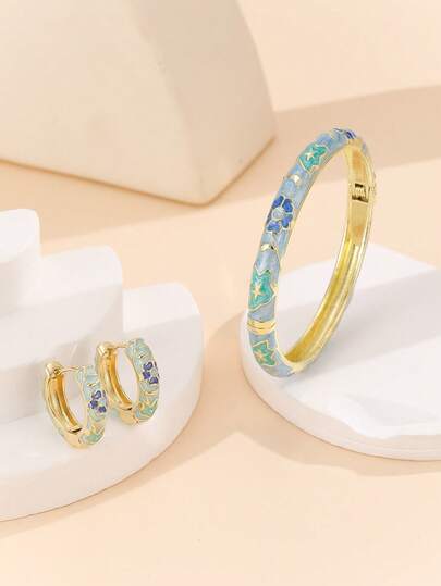 1 Set Fashion New Gold Plated Flower Pattern Enamel Cloisonne Bracelet Bangle And Earrings Jewelry For Girls Women