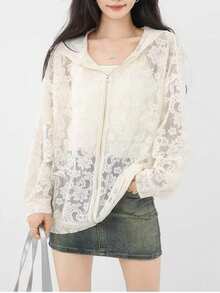 法式蕾丝拉链连帽薄款开衫，休闲轻薄长袖外套，适合春夏季 - 杏色 - 查看 7