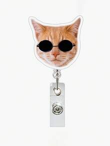1pc Acrylic Retractable Cat Emoticon Badge Reel, Rotatable ID Card Holder Keychain Clip For Doctor/Nurse,School Supplies,Back To School