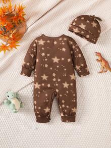 Bộ 2 món gồm áo liền quần dài tay và mũ cho bé, họa tiết khủng long hoạt hình màu nâu, thích hợp mặc hàng ngày ngoài trời, bộ sưu tập mới năm 2025, trang phục chụp ảnh cho bé. - màu nâu - Xem 3