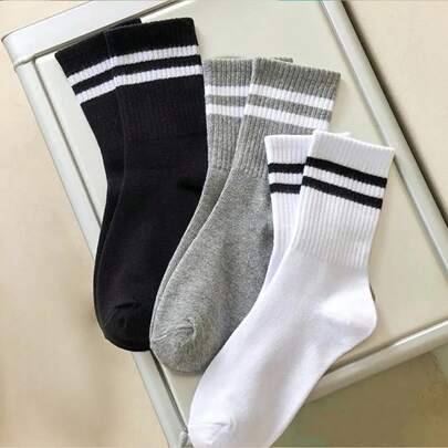 2줄 여성용 미드 카프 양말, 패션 통기성 스포츠 양말, 클래식 듀얼 스트라이프 패턴, 수분 흡수