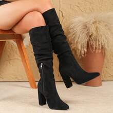 Botas Altas Plissadas de Cor Sólida Estilo Europeu e Americano, Novas Botas Altas de Tubo de Cor Sólida com Salto Grosso e Bico Fino para Outono/Inverno, Estilo Ocidental para Festa Noturna, Feriado (Sugere-se Pedir um Tamanho Abaixo) - Preto - Visão 3