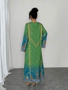 一件女士印花长袖直筒连衣裙，休闲绿色连衣裙，优雅阿拉伯风格长袍，适合春季奢华派对活动 - 綠色 - 查看 2