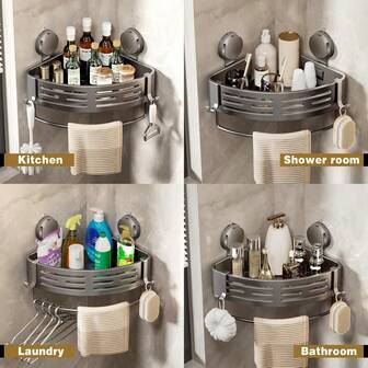 Shower Caddy & Corner Shower Shelf, 2 Packs Gray Shower Organizer With Towel Bar, Suction Cup & Adhesive No Drilling, For Bathroom Storage & Organization, Bathroom Storage Rack