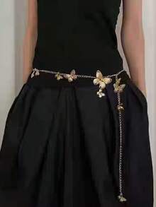 1 pieza Cadena de cintura de metal con lazo dorado estilo bohemio, accesorio de cintura versátil y de moda