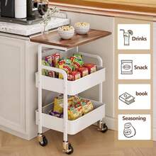 Senmeo 3-Tier Metal Utility Rolling Cart With Wooden Table Top, Storage Cart White Trolley Kitchen Organizer Rolling Desk With Locking Wheels For Office, Classroom, Dorm, Bedroom - 白色 - 查看 2