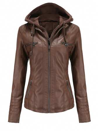 Chaqueta con capucha desmontable de piel sintética para mujer