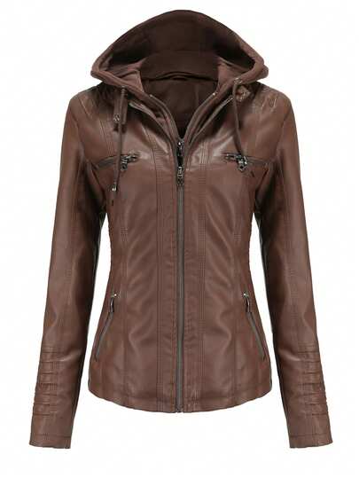 Damjacka med avtagbar huva och konstläder