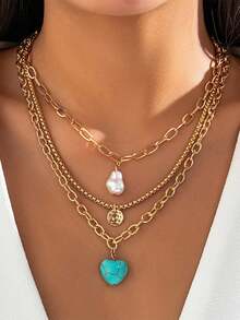 3pcs/Set Fashionable Vintage Turquoise Heart Pendant Baroque Faux Pearl Pendant Necklace Jewelry Set, Suitable For Women's Daily Wear, Decor, Vacation, Party, Music Festival. The Handmade Necklace Length Is Customizable By Cutting The Chain