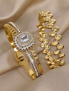 18K 镀金不锈钢奢华优雅方形锆石手镯套装，适合女士、妈妈礼物、教师礼物、夏季旅行海滩珠宝、波西米亚风格珠宝、狂欢/舞会/派对/日常配饰、返校礼物、生日礼物、伴娘礼物、婚礼珠宝 - 彩色 - 查看 1