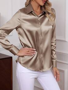 Elegaris 2026 New Elegant Solid Color Button-Down Long Sleeve Shirt, Classic Workwear Blouse For Women Spring - Mocha Brown - View 7
