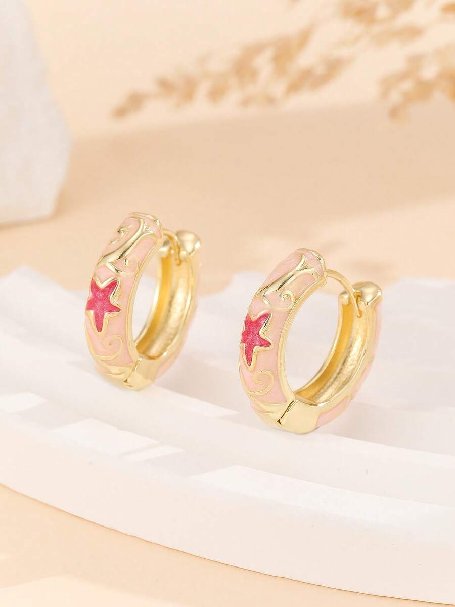 1 Đôi bông tai vòng kiểu dáng mới, mạ vàng đồng, họa tiết hoa và men, thích hợp cho phụ nữ và bé gái. - Hồng - Xem 1