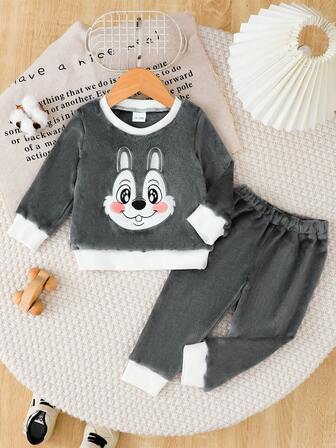 2pcs Baby Boy Outfit, Plush Fabric Rabbit Embroidery Long Sleeve Crew Neck Sweatshirt & Elastic Waist Casual Pants, Autumn/Winter