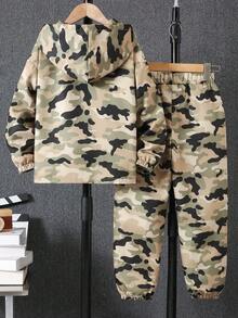 2 Stücke/Set Jungen Lässig Camouflage Muster Hoodie Jacke mit Reißverschluss und Camouflage Muster Hose, Herbst/Winter