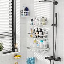 Organizador de ducha adhesivo, paquete de 5, de acero inoxidable resistente a la oxidación, de gran capacidad, sin necesidad de taladrar, para almacenamiento de baño y decoración del hogar. - Plateado - Ver 5