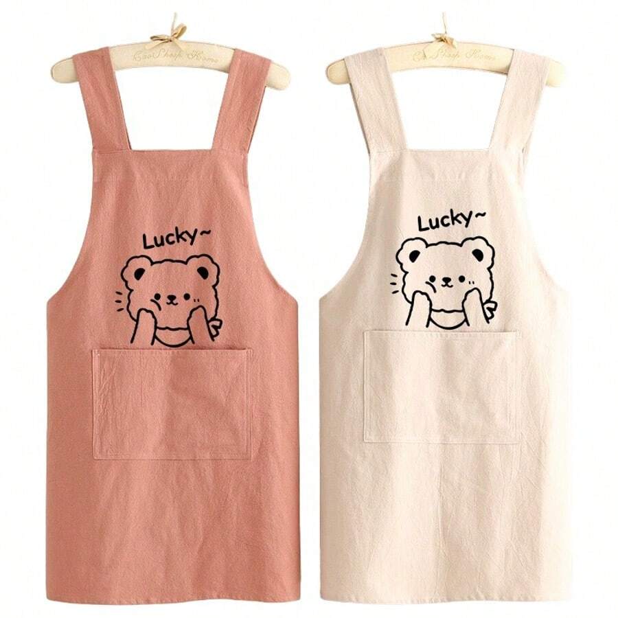 1pc Cute Bear Design Kitchen Apron, Baking Workwear, Suitable For Home And Catering Use, Oil-Resistant And Durable, Soft And Breathable Woven Fabric, Front Pocket For Phone, Soft And Breathable Kitchen Jacket, Suitable For Housework And Work, Solid Color, Unisex